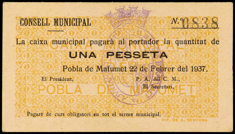 1 Pesseta. 22 Febrer 1937. C.M. de LA POBLA DE MAFUMET. RARO. AT-1906; RGH-9323....