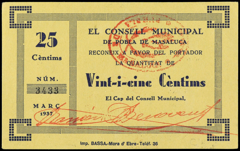 25 Cèntims. Març 1937. C.M. de POBLA DE MASALUCA. Firma y sello tampón en rojo. ...