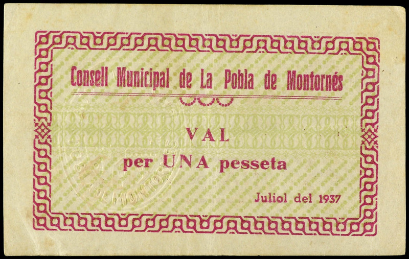 1 Pesseta.  Juliol 1937. C.M. de LA POBLA DE MONTORNÈS. MUY ESCASO. AT-1916. MBC...