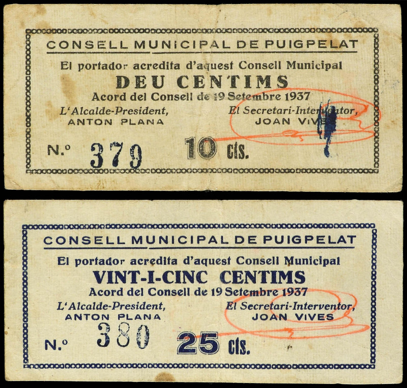 Lote 4 billetes 10, 25 y 50 Cèntims y 1 Pesseta. 19 Setembre 1937. C.M. De PUIGP...