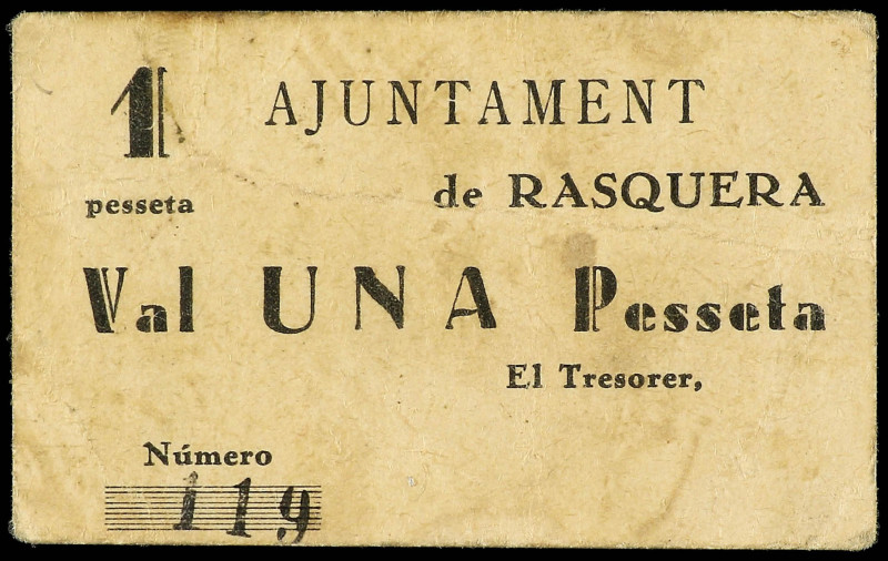 1 Pesseta. Aj. de RASQUERA. (Algo sucio). MUY ESCASO. AT-2066; RGH-9543. MBC.