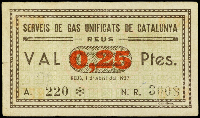 Lote 3 billtes 0, 25, 0, 50 y 1 Peseta. 1 Abril 1937. SERVEIS DE GAS UNIFICATS D...