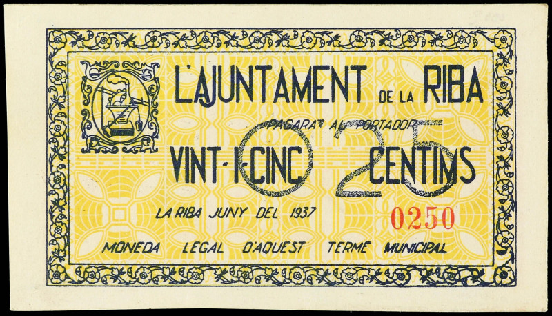 Lote 3 billetes 25 y 50 Cèntims y 1 Pesseta. Juny 1937. Aj de LA RIBA. 2ª Emisió...