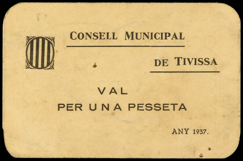 1 Pesseta. 1937. C.M. de TIVISSA. Cartulina. (Algo sucio). MUY ESCASO. AT-2494; ...