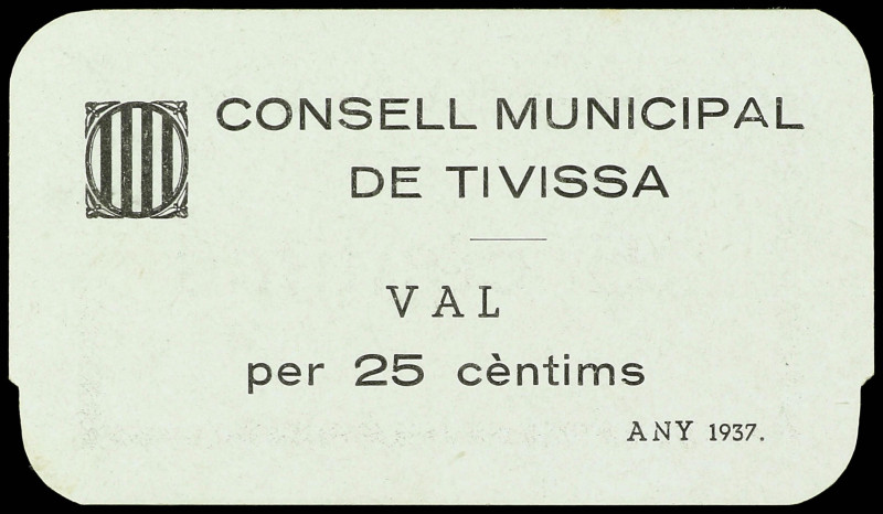 25 Cèntims. 1937. C.M. de TIVISSA. Cartulina. MUY ESCASO. AT-2496; RGH-10287. EB...