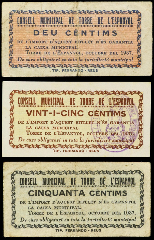 Lote 4 billetes 10, 25 y 50 Cèntims y 1 Pesseta. Ocubre 1937. C.M. de TORRE de L...