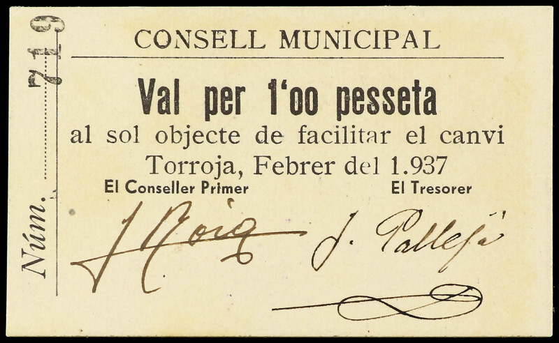 1 Pesseta. Febrer 1937. C.M. de TORROJA. Cartón. Sello tampón violeta: CONSELL M...