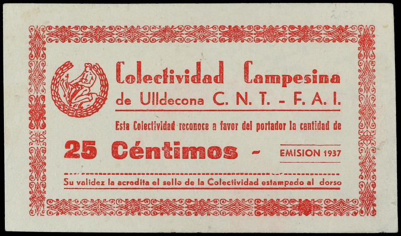 25 Céntimos. 1937. COLECTIVIDAD CAMPESINA de ULLDECONA C.N.T.-F.A.I. Con sello t...