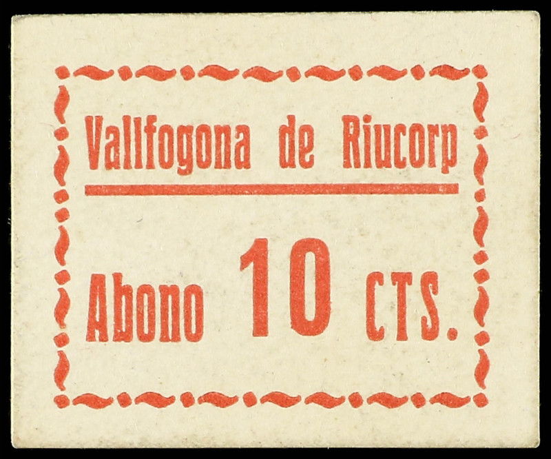 10 Cèntims. VALLFOGONA DE RIUCORP. Cartón. MUY RARO. AT-2673; RGH-10524. EBC.