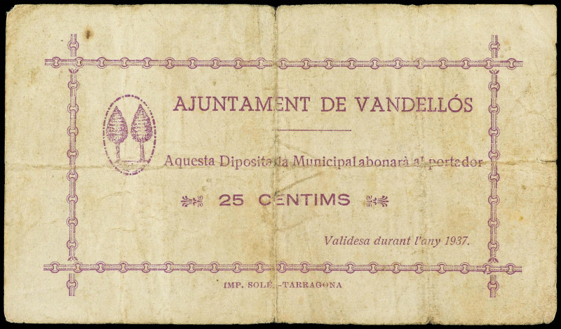 25 Cèntims. 1937. Aj. de VANDELLÓS. (Pequeñas roturas). MUY RARO. AT-2702; RGH-1...