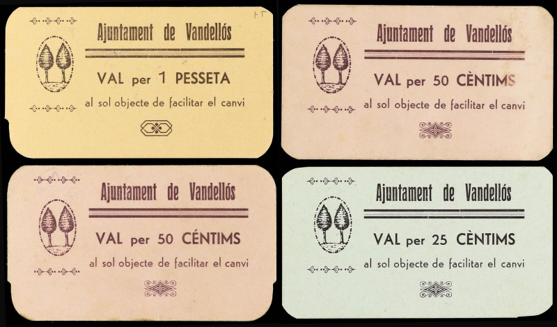 Lote 4 billetes 25 y 50 (2) Cèntims y 1 Pesseta. Aj. de VANDELLÓS. Cartulina. 3ª...