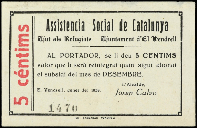 5 Cèntims. Gener 1938. ASSISTÈNCIA SOCIAL de CATALUNYA. Aj. d´ EL VENDRELL. AJUT...