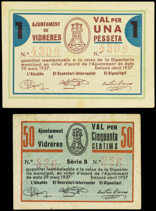 Lote 2 billetes 50 Cèntims y 1 Pesseta. Abril 1937. Aj. de VIDRERES. ESCASOS. AT...