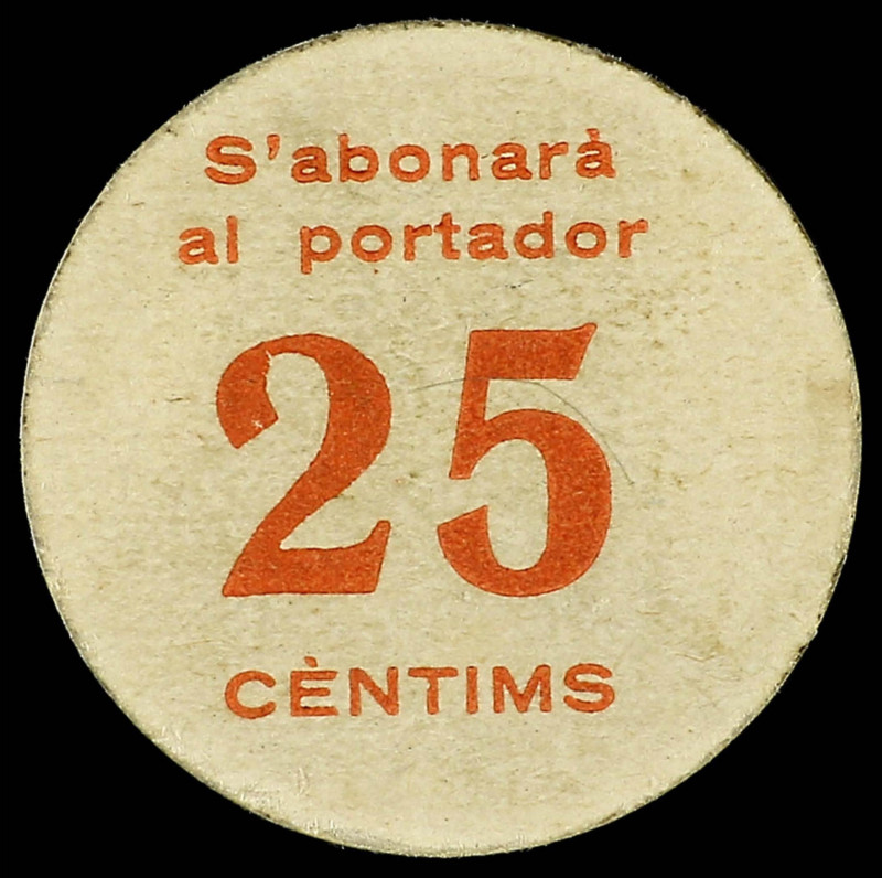 25 Cèntims. Aj. de VILABELLA. Cartón redondo. RARO. AT-2759; 10674. EBC-.