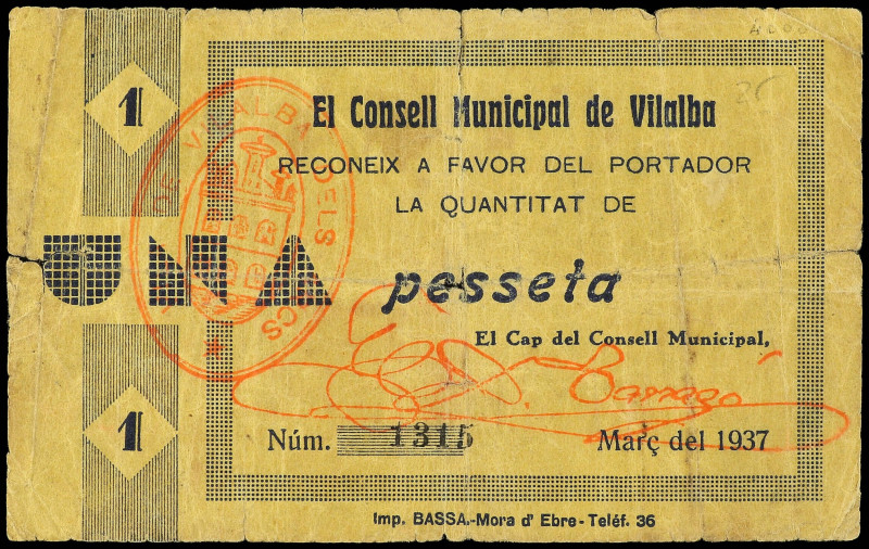 1 Pesseta. Març 1937. C.M. de VILALBA. (Roturas). MUY RARO. AT-2791a; RGH-10739....