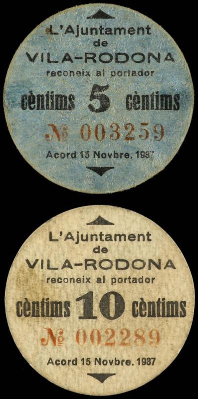 Lote 2 billetes 5 y 10 Cèntims. 15 Novembre 1937. Aj. de VILA-RODONA. Cartón. AT...