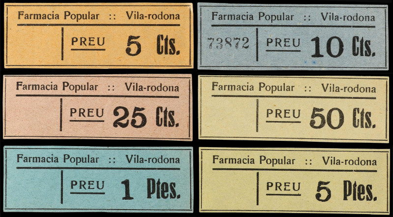 Lote 6 vales 5, 10, 25 y 50 Cèntims y 1 y 5 Pessetes. FARMACIA POPULAR. VILA-ROD...