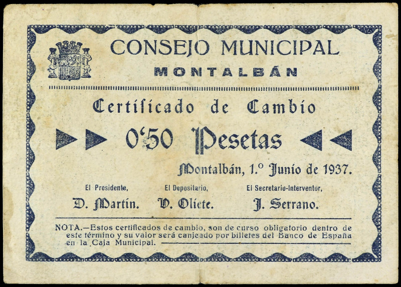 0, 50 Pesetas. 1 Junio 1937. C.M de MONTALBÁN (Teruel). (Leves roturas y manchit...
