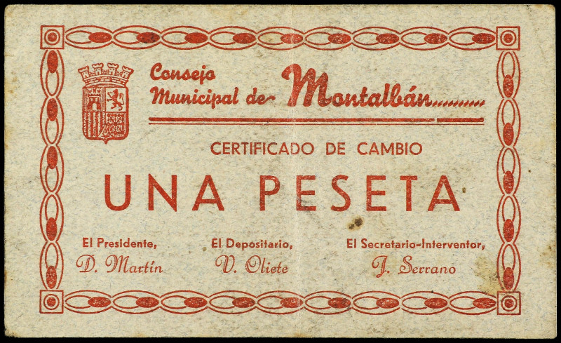 1 Peseta. 1 Junio 1937. C.M de MONTALBÁN (Teruel). (Algo sucio). ESCASO. RGH-362...