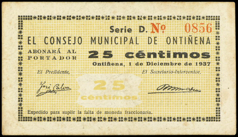 25 Céntimos. 1 Diciembre 1937. C.M. de ONTIÑENA (Huesca). (Leves manchitas). RAR...