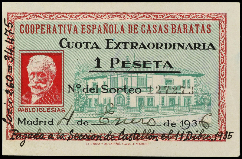 Cuota Extraordinaria 1 Peseta. 13 septiembre 1936. COOPERATIVA ESPAÑOLA DE CASAS...
