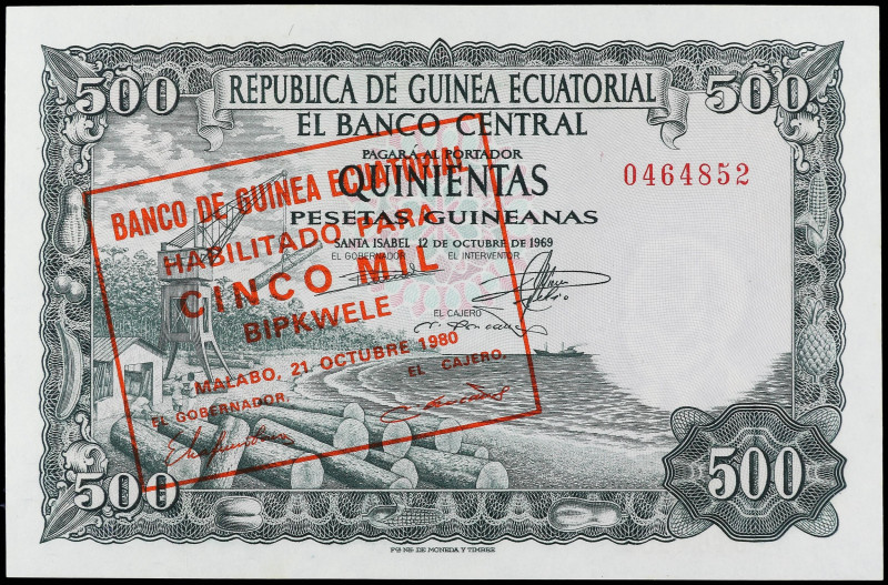 5.000 Bipkwele. 12 Octubre 1969. GUINEA ECUATORIAL. Sobrecarga roja habilitando ...