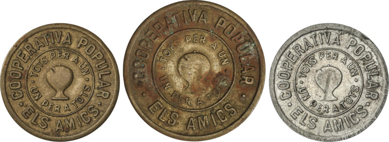 Lote 3 fichas 5, 10 Cèntims y 1 Pesseta. 1935. COOPERATIVA POPULAR ELS AMICS TER...