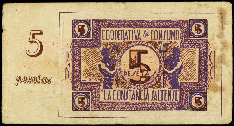 5 Pesetas. COOP. DE CONSUMO LA CONSTANCIA SALTENSE, SALT (GIRONA). (Manchitas). ...