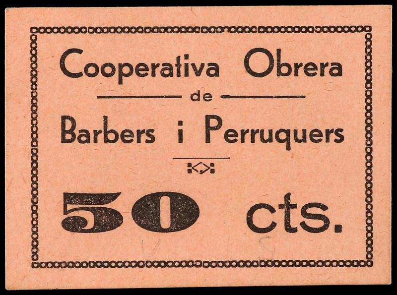 50 Cèntims. COOPERATIVA OBRERA. BARBERS I PERRUQUERS. VALLS. Cartón. RARO. L-248...
