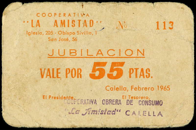 Vale 55 Pesetas. Febrero 1965. COOP. OBRERA DE CONSUMO LA AMISTAD DE CALELLA. MB...