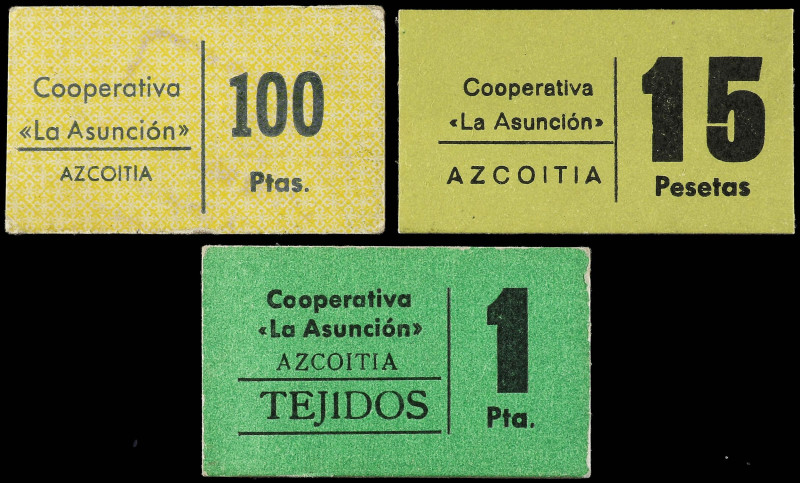 Lote 3 fichas 1, 15 y 100 Pesetas. COOPERATIVA LA ASUNCIÓN. AZCOITIA (GUIPÚZCOA)...