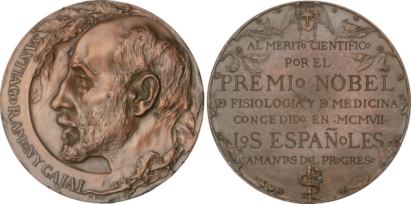 Santiago Ramón y Cajal. 1907. PREMIO NÓBEL. Anv.: Busto a izquierda. Rev.: AL MÉ...