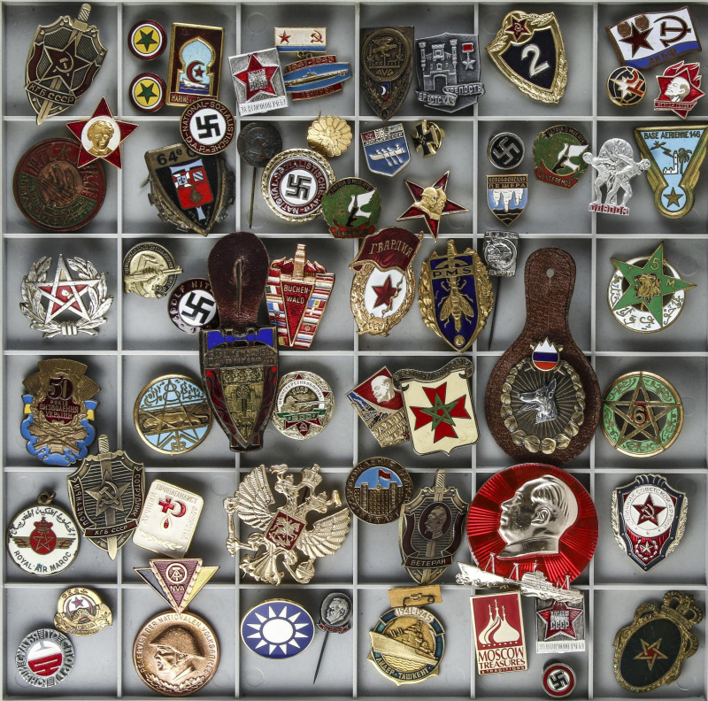 Lote 69 piezas, insignias, pins, emblemas, etc. U.R.S.S., MARRUECOS, III REICH, ...