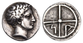 GAUL. Massalia. Circa 350-215 BC. Obol (Silver, 10.5 mm, 0.79 g, 6 h). Bare head of Apollo to right, with long sideburns. Rev. M-A Wheel of four spoke...