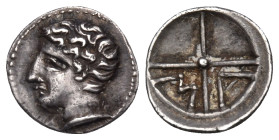 GAUL. Massalia. Circa 121-82/49 BC. Obol (Silver, 10.5 mm, 0.59 g, 1 h). Bare head of Apollo to left. Rev. Μ - Α in two quarters of four-spoked wheel....