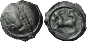 GAUL, Sequani. Circa 70-40 BC. Unit (Potin, 20 mm, 5.36 g, 9 h), 'Grosse tête' type. Celticized head with dotted headband to left, wearing torques. Re...