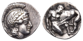 CALABRIA. Tarentum. Circa 280-228 BC. Diobol (Silver, 12 mm, 1.07 g, 12 h). Head of Athena to right, wearing crested and Attic helmet adorned with oli...
