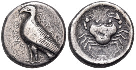 SICILY. Akragas. Circa 465/4-446 BC. Tetradrachm (Silver, 24 mm, 16.45 g, 3 h). AKRAC - ANTOΣ Eagle with closed wings standing to left. Rev. Crab, wit...