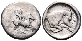 SICILY. Gela. Circa 490/85-480/75 BC. Didrachm (Silver, 23 mm, 7.77 g, 3 h). Bearded horseman, nude but for a helmet, riding to right, brandishing spe...