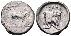 SICILY. Gela. Circa 450-440 BC. Tetradrachm (Silver, 28 mm, 15.98 g, 11 h). Bearded charioteer driving slow quadriga right; above, Nike flying right t...