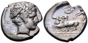 SICILY. Katane. Circa 405-403/2 BC. Tetradrachm (Silver, 27 mm, 17.05 g, 9 h), in the style of Eukleidas. KATAN-A-IΩN Laureate head of Apollo to right...