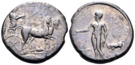 SICILY. Selinos. Circa 415-409 BC. Tetradrachm (Silver, 26.5 mm, 16.74 g, 11 h). Apollo and Artemis standing right in a quadriga moving slowly to righ...