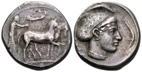 SICILY. Syracuse. Second Democracy, 466-405 BC. Tetradrachm (Silver, 25 mm, 16.78 g, 7 h). Charioteer driving walking quadriga right, holding kentron ...