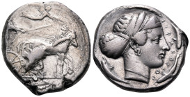 SICILY. Syracuse. Second Democracy, 466-405 BC. Tetradrachm (Silver, 26.5 mm, 17.10 g, 3 h), circa 420-415. Charioteer driving slow quadriga walking t...