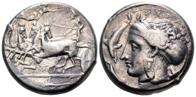 SICILY. Syracuse. Second Democracy, 466-405 BC. Tetradrachm (Silver, 24 mm, 17.45 g, 3 h), reverse die signed by the artist Prygillos, circa 405-400. ...