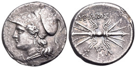 SICILY. Syracuse. Fifth Democracy, 214-212 BC. 8 Litrai (Silver, 22 mm, 6.70 g, 9 h). Head of Athena to left, wearing crested Corinthian helmet, penda...