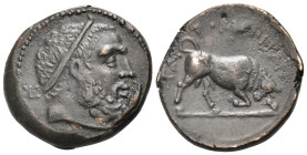 SICILY. Tauromenion. Circa 275-216/2 BC. (Bronze, 24 mm, 8.92 g, 3 h). Head of Herakles to right, wearing taenia; behind, monogram of EK. Rev. TAYPOME...