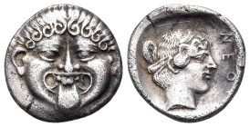 MACEDON. Neapolis. Circa 424-350 BC. Hemidrachm (Silver, 14 mm, 1.82 g, 6 h). Gorgoneion with protruding tongue facing. Rev. ΝΕΟΠ Head of the nymph of...