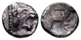 MACEDON. Skione. Circa 490-480 BC. Diobol (Silver, 10.5 mm, 1.25 g). Head of a roaring lion to right. Rev. Quadripartite incuse square. HGC 3.1, 685. ...