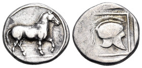 KINGS OF MACEDON. Perdikkas II, 451-413 BC. Tetrobol (Silver, 13 mm, 2.07 g, 12 h), light standard, Aigai, 451/0-447/6. Horse walking to right. Rev. C...